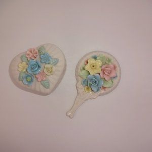 Vintage White Hand Mirror & Royal Crown Heart Trinket Box Ribbed Flowers Floral